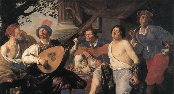 Bild 3: Die fünf Sinne: Ein allegorisches Gemälde von Theodoor Rombouts (1597-1637). Von links nach rechts sind dargestellt das Sehen, das Hören, das Tasten, das Schmecken und das Riechen.