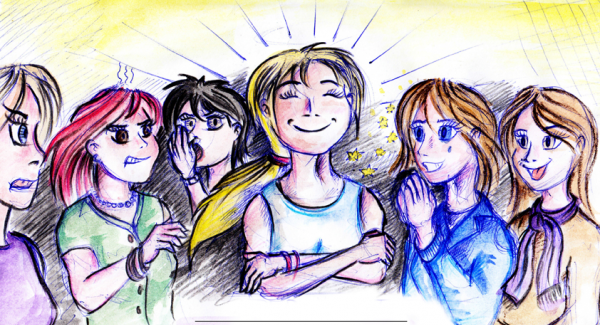 "Attraktivität – Fluch oder Segen? Gerade im Jugendalter müssen attraktive Mädchen – manchmal trotz ihrer Beliebtheit im eigenen Freundeskreis – auch mit Anfeindungen anderer Mädchen rechnen, die sie als Rivalin wahrnehmen. Gutes Aussehen kann also – je nach Situation und der Konstellation der Personen – sowohl mit Vorteilen als auch mit Nachteilen verbunden sein." (Quelle: Eigentum der Autoren)