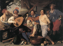 Bild 3: Die fünf Sinne: Ein allegorisches Gemälde von Theodoor Rombouts (1597-1637). Von links nach rechts sind dargestellt das Sehen, das Hören, das Tasten, das Schmecken und das Riechen.