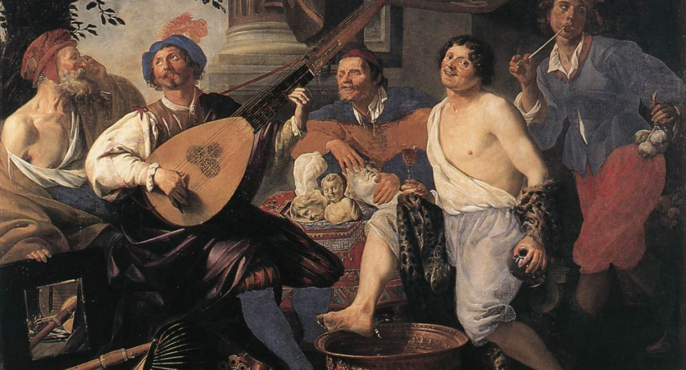 Bild 3: Die fünf Sinne: Ein allegorisches Gemälde von Theodoor Rombouts (1597-1637). Von links nach rechts sind dargestellt das Sehen, das Hören, das Tasten, das Schmecken und das Riechen.