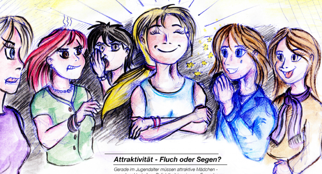 "Attraktivität – Fluch oder Segen? Gerade im Jugendalter müssen attraktive Mädchen – manchmal trotz ihrer Beliebtheit im eigenen Freundeskreis – auch mit Anfeindungen anderer Mädchen rechnen, die sie als Rivalin wahrnehmen. Gutes Aussehen kann also – je nach Situation und der Konstellation der Personen – sowohl mit Vorteilen als auch mit Nachteilen verbunden sein." (Quelle: Eigentum der Autoren)