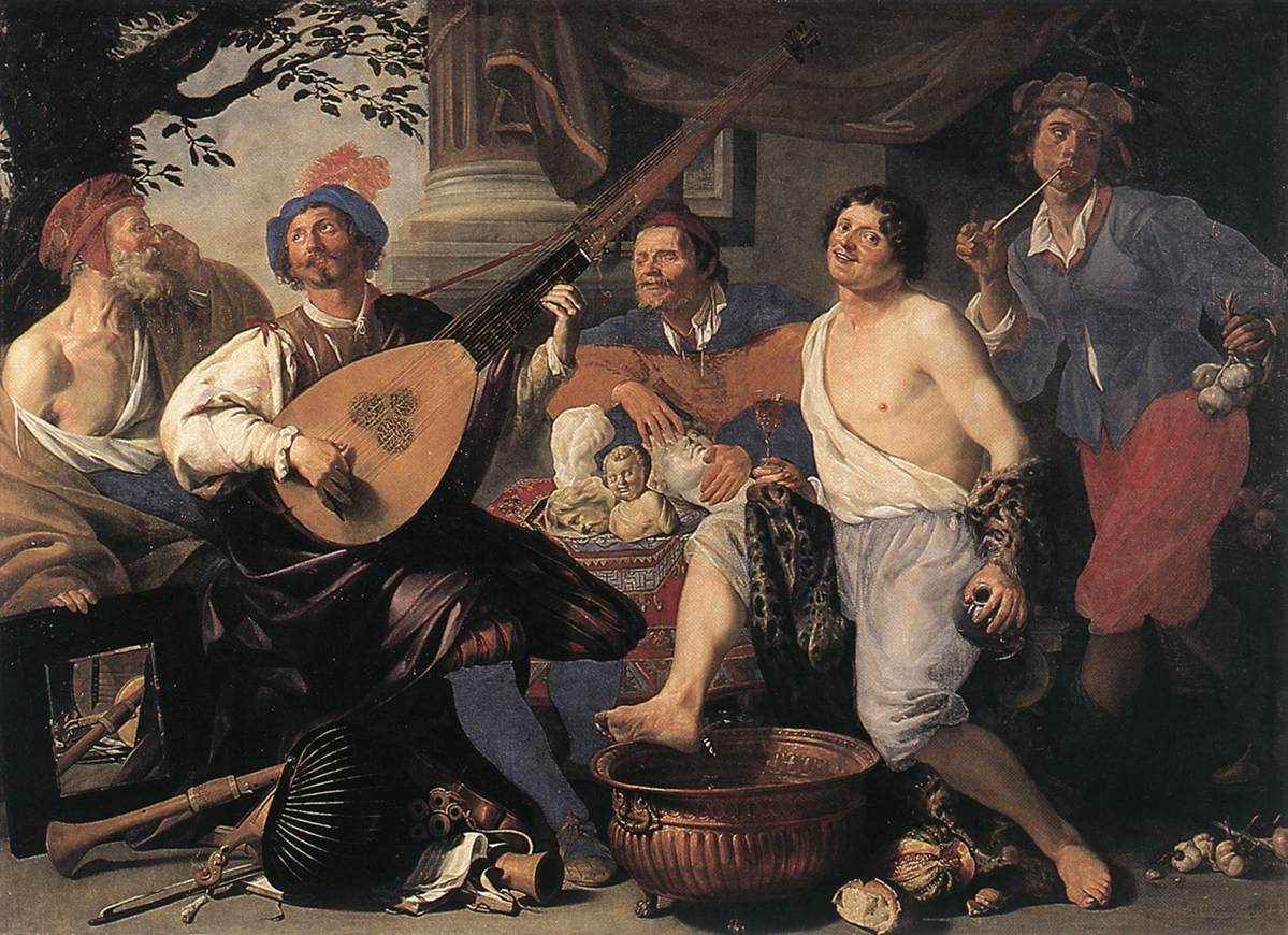 Bild 3: Die fünf Sinne: Ein allegorisches Gemälde von Theodoor Rombouts (1597-1637). Von links nach rechts sind dargestellt das Sehen, das Hören, das Tasten, das Schmecken und das Riechen.