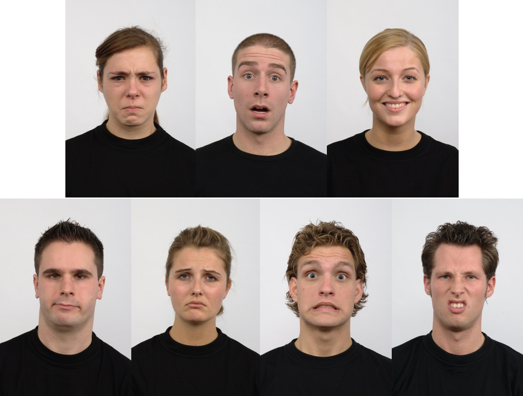 Bild 1. Die Basisemotionen von oben links nach unten rechts: Ärger, Überraschung, Freude, Verachtung, Trauer, Angst und Ekel.Bild: entnommen von Langner et al. (2010), http://www.socsci.ru.nl:8180/RaFD2/RaFD?p=main Die Basisemotionen von oben links nach unten rechts: Ärger, Überraschung, Freude, Verachtung, Trauer, Angst und Ekel.Bild: entnommen von Langner et al. (2010), http://www.socsci.ru.nl:8180/RaFD2/RaFD?p=main